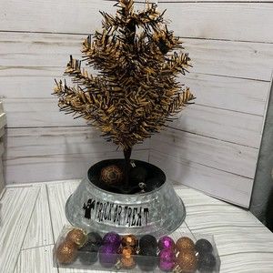 Halloween 11” Tree + 2 Pkgs Ornaments Tree Collar Great Desk Accessory.